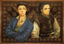  2boys azel_halgal belt black_eyes black_hair braid brown_background closed_mouth commentary_request crossed_arms frown fur_trim graphite_(medium) hair_pulled_back half_updo kazakh_clothes lace_trim long_hair long_sleeves looking_at_another looking_at_viewer looking_away male_focus multiple_boys otoyomegatari outside_border patterned_background sash side_braid sideways_glance traditional_media upper_body uzbek_clothes very_long_hair youichi_(persona-non-grata) yusuf 