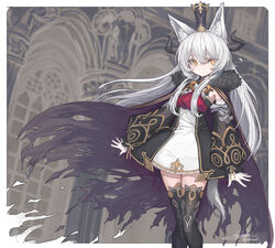  absurdres animal_ear_fluff animal_ears cape commission crown dated demon_girl demon_horns detached_sleeves dress expressionless female fox_ears fox_girl fox_tail fur-trimmed_cape fur_trim gloves gold_trim highres horns izayoi_cha long_hair original pixiv_commission puffy_detached_sleeves puffy_sleeves see-through see-through_sleeves sidelocks signature skull tail tall_crown thighhighs torn_cape torn_clothes watarai_alice white_gloves white_hair yellow_eyes zettai_ryouiki 