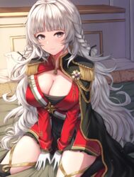  aiguillette azur_lane between_legs black_dress black_thighhighs blunt_bangs blush braid breasts buran_(22x) cape cleavage closed_mouth commentary_request dress epaulettes female gloves green_cape grey_eyes grey_hair hair_intakes hand_between_legs highres indoors jacket large_breasts long_hair long_sleeves looking_at_viewer medallion on_bed partial_commentary pillow pleated_dress red_jacket sidelocks sitting smile solo thighhighs very_long_hair vittorio_veneto_(azur_lane) wariza white_gloves zettai_ryouiki 