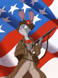  3:4 american_flag anthro bandolier clothed clothing dipstick_ears disney ear_markings female flag flag_background fully_clothed fur gun hat headgear headwear holding_object holding_weapon jacket judy_hopps lagomorph leporid looking_back lordofnothin1 mammal minuteman multicolored_body multicolored_ears multicolored_fur musket rabbit ranged_weapon revolutionary_war solo topwear tricorn_hat two_tone_body two_tone_fur united_states_of_america weapon zootopia 