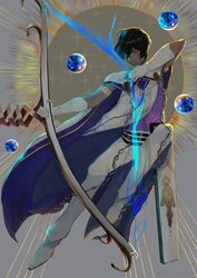  01ri 1boy agni_gandiva arjuna_(fate) bow_(weapon) brown_eyes brown_hair cape dark-skinned_male dark_skin fate/grand_order fate_(series) full_body gloves hair_between_eyes highres holding holding_bow_(weapon) holding_weapon indian_clothes long_sleeves looking_to_the_side male_focus pants short_hair solo weapon white_cape white_gloves white_pants 