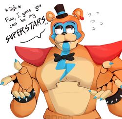  2021 animatronic anthro bear bodily_fluids bow_(feature) bow_tie bracelet breathing_noises chest_bow claws clothing dialogue dialogue_with_sound_effects dnsharf ear_piercing ear_ring english_text five_nights_at_freddy&#039;s five_nights_at_freddy&#039;s:_security_breach flying_sweatdrops glamrock_freddy hat headgear headwear hi_res jewelry looking_away machine male mammal markings meme muscular muscular_anthro muscular_male onomatopoeia partial_speech_bubble piercing reaction_image ring_piercing robot scottgames shoulder_pads sigh simple_background solo sound_effects spiked_bracelet spikes standing steel_wool_studios sweat sweatdrop talking_to_viewer text top_hat ugh_fine_i_guess_you_are_my_little_pogchamp unavailable_at_source white_background 