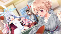  3girls :d :o ball bath_yukata blue_archive blue_eyes blurry blurry_background blush bow brown_eyes brown_hair cherino_(blue_archive) cherino_(hot_spring)_(blue_archive) chinatsu_(blue_archive) chinatsu_(hot_spring)_(blue_archive) commentary_request copyright_notice depth_of_field glasses grey_hair grey_kimono hair_bun hairband hairbow halo indoors japanese_clothes kimono kurot long_hair long_sleeves multiple_girls nodoka_(blue_archive) nodoka_(hot_spring)_(blue_archive) official_art old_school_swimsuit one-piece_swimsuit open_clothes open_kimono orange_hair paddle parted_lips pink_kimono pointy_ears red_eyes school_swimsuit single_hair_bun smile striped_clothes striped_kimono sweatdrop swimsuit swimsuit_under_clothes table_tennis table_tennis_ball table_tennis_paddle teeth upper_teeth_only vending_machine vertical-striped_clothes vertical-striped_kimono very_long_hair wavy_mouth white_one-piece_swimsuit wide_sleeves yukata 