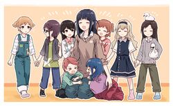  &gt;_&lt; 6+girls :d :o =_= aged_down aijou_karen animal animal_on_head aqua_shirt argyle_clothes argyle_sweater bad_id bad_twitter_id beige_background bird bird_on_head black-framed_eyewear black_hair black_pants black_socks blonde_hair blue_dress blue_eyes blue_hair blue_hairband blue_legwear blue_overalls blue_pants blush border brown_hair brown_pants brown_shirt bullfalk closed_eyes closed_mouth clothes_grab collarbone collared_dress collared_shirt commentary_request daiba_nana dress facing_another facing_viewer flying_sweatdrops glasses green_eyes green_shirt grey_jacket grey_sweater hair_over_shoulder hairband hakama hakama_skirt hanayagi_kaoruko hand_grab hand_on_another&#039;s_arm hand_on_another&#039;s_back hand_on_another&#039;s_thigh hand_up heart highres holding holding_animal holding_bird holding_hands hoshimi_junna index_finger_raised isurugi_futaba jacket japanese_clothes kagura_hikari kimono kneeling light_brown_hair lolicon long_hair long_sleeves looking_at_another low_ponytail medium_hair multiple_girls no_shoes notice_lines on_head open_clothes open_jacket open_mouth outline overalls pants parted_bangs parted_lips pink_legwear ponytail print_dress print_shirt print_socks profile purple_hair purple_kimono red_hair red_hakama red_sweater saijou_claudine seiza shirt short_hair short_sleeves short_twintails shoujo_kageki_revue_starlight side-by-side sidelocks sitting skirt sleeve_grab sleeves_past_elbows sleeves_past_wrists smile socks standing star_(symbol) star_print striped_clothes striped_shirt striped_socks swan sweatdrop sweater tendou_maya time_paradox tsuyuzaki_mahiru twintails two_side_up v-shaped_eyebrows white_border white_outline white_shirt white_sweater wide_sleeves 