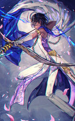  1boy agni_gandiva arjuna_(fate) bow_(weapon) brown_eyes brown_hair cape dark-skinned_male dark_skin fate/grand_order fate_(series) full_body gloves hair_between_eyes holding holding_bow_(weapon) holding_weapon indian_clothes long_sleeves looking_to_the_side male_focus mura_karuki pants petals photoshop_(medium) short_hair solo weapon white_cape white_gloves white_pants 