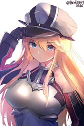  bare_shoulders bismarck_(kancolle) blonde_hair blue_eyes blush breasts brown_gloves closed_mouth detached_sleeves female gloves hair_between_eyes hat highres kantai_collection large_breasts long_hair military military_hat military_uniform o-sirius peaked_cap simple_background solo twitter_username uniform upper_body white_background 