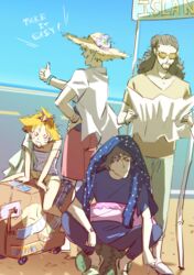  3boys andy_von_de_oniyate blue_sky cowboy_bebop edward_wong_hau_pepelu_tivrusky_iv english_text female flower hat highres hot long_hair looking_at_map map multiple_boys orange_hair shorts sky spike_spiegel sunglasses thumbs_up vincent_volaju wakana_kuraguchi 