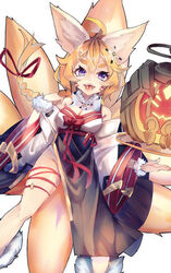  ahoge animal_ears bare_shoulders blue_eyes breasts cleavage eight-tailed_fox_nari feet_out_of_frame female fox_ears fox_girl fox_tail guardian_tales hair_ornament highres korean_clothes looking_at_viewer medium_breasts multiple_tails open_mouth red_ribbon ribbon silver_(suwakosuwako) smile tail teeth white_background 