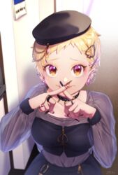  black_hat black_nails blonde_hair earrings female hair_ornament hairclip hat highres idolmaster idolmaster_cinderella_girls indoors jewelry long_sleeves looking_at_viewer ring see-through senzaki_ema short_hair signature smile solo spade_hair_ornament taidanotori upper_body x_fingers 