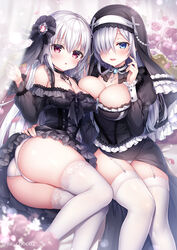  2girls :o arm_up ass black_dress blue_eyes blurry blurry_background blurry_foreground blush breast_press breast_suppress breasts cleavage collarbone dress flower frilled_dress frilled_skirt frills habit hair_between_eyes hair_flower hair_ornament hair_ribbon hand_up hug jewelry kyuketsuki-chan_(mitsuba_choco) lace lace_dress large_breasts long_hair medium_breasts mitsuba_choco multiple_girls necklace nun original panties pink_eyes ribbon rose see-through see-through_dress see-through_skirt sister-chan_(mitsuba_choco) skirt sleeveless sleeveless_dress smile thighhighs thighs underwear veil very_long_hair white_hair white_panties 