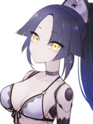  bikini black_hair breasts commentary_request fate/grand_order fate_(series) female front-tie_bikini_top front-tie_top highres joints katou_danzou_(fate) katou_danzou_(midsummer_memories)_(fate) medium_breasts ponytail robot_joints solo suzukimadaka swimsuit white_background yellow_eyes 