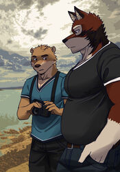  2boys artist_name bara black_pants black_shirt blue_shirt blush camera chase_hunter closed_mouth cloud cloudy_sky commentary dated echo_(visual_novel) echo_project english_commentary furry furry_male girl_staring_at_guy&#039;s_chest_(meme) hand_in_pocket highres holding holding_camera lake leo_alvarez looking_at_another looking_down male_focus meme mindmechanica multiple_boys outdoors pants plump shirt short_sleeves sky standing sweat sweatdrop watermark wolf_boy 