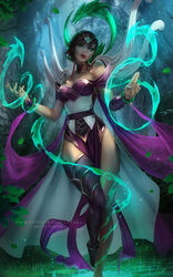  anklet artist_name asymmetrical_legwear bare_shoulders barefoot black_legwear bracelet breasts brown_hair circlet cleavage commentary corset dark_skin detached_collar dragon dress english_commentary female green_eyes highres hydrokinesis jewelry karma_(league_of_legends) league_of_legends magic medium_breasts outdoors paid_reward_available parted_lips pelvic_curtain photoshop_(medium) purple_dress short_hair single_thighhigh thighhighs tiara tree uneven_legwear water zarory 