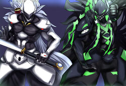  2boys animal_ears armor blazblue blazblue:_central_fiction blazblue:_cross_tag_battle commentary_request gaien_(jin_morisono) green_eyes green_hair grey_hair grin hakumen long_hair male_focus mask multicolored_hair multiple_boys red_eyes smile susanoo_(blazblue) sword tail teeth two-tone_hair weapon white_hair 