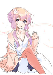  absurdres ajishio bare_shoulders breasts camisole cleavage collarbone commentary female flower hair_between_eyes hair_flower hair_ornament highres jacket knees_up long_hair medium_breasts off_shoulder open_clothes open_jacket orange_legwear pantyhose_under_shorts parted_lips pink_jacket purple_eyes purple_hair short_shorts shorts sitting solo vocaloid voiceroid white_background white_camisole white_flower white_legwear white_shorts yuzuki_yukari yuzuki_yukari_(onn) yuzuki_yukari_(vocaloid4) 