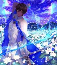  1boy agni_gandiva arjuna_(fate) bow_(weapon) brown_eyes brown_hair cape dark-skinned_male dark_skin fate/grand_order fate_(series) field flower flower_field fu_yukari gloves hair_between_eyes highres holding holding_bow_(weapon) holding_weapon indian_clothes long_sleeves looking_to_the_side male_focus short_hair solo weapon white_cape white_gloves 