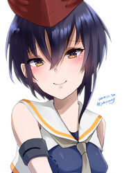  asymmetrical_hair black_hair blue_one-piece_swimsuit blush breast_cutout breasts brown_eyes dated female framed_breasts hair_between_eyes hat headphones highres i-13_(kancolle) johssnny kantai_collection lips looking_at_viewer one-hour_drawing_challenge one-piece_swimsuit sailor_collar school_swimsuit shirt short_hair simple_background small_breasts solo swimsuit swimsuit_under_clothes twitter_username upper_body white_background white_sailor_collar 