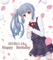  belt black_ribbon brown_eyes cowboy_shot dated dress female fingers_together grey_hair happy_birthday highres kantai_collection kasumi_(kancolle) kasumi_kai_ni_(kancolle) leaning_forward long_hair long_sleeves petals pinafore_dress red_ribbon ribbon ryouki_(ryoki_215) shirt side_ponytail sleeveless sleeveless_dress smile solo standing twitter_username white_background white_shirt 