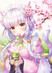  animal_ears apron blush braid breasts cat_ears cat_girl cat_tail cherry_blossoms cleavage commentary_request dango dress female flower food food_in_mouth frilled_apron frilled_sleeves frills hair_between_eyes hair_over_shoulder hanami long_hair long_sleeves looking_at_viewer maid_headdress medium_breasts original petals pink_dress pink_flower purple_hair red_eyes sanshoku_dango solo suzumia_(daydream) tail tail_raised twin_braids upper_body wagashi white_apron wide_sleeves 