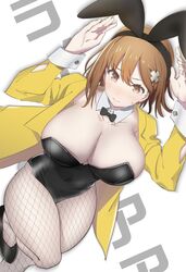  animal_ears arms_up atelier_(series) atelier_ryza atelier_ryza_1 black_bow black_bowtie black_footwear black_leotard blush bow bowtie breasts brown_eyes brown_hair cleavage closed_mouth detached_collar drum_(acta2436) fake_animal_ears female fishnet_pantyhose fishnets from_above hair_ornament highres jacket large_breasts leotard pantyhose playboy_bunny rabbit_ears reisalin_stout solo sweatdrop thick_thighs thighs wrist_cuffs yellow_jacket 