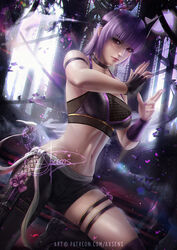  alexandra_mae arm_strap asymmetrical_gloves aura ayane_(doa) bangs banned_artist black_bra black_gloves black_legwear black_shorts blunt_bangs bra breasts cleavage closed_mouth dead_or_alive female fingerless_gloves gloves highres leg_up looking_at_viewer medium_breasts midriff nail_polish navel purple_hair purple_nails red_eyes short_hair short_shorts shorts sideboob single_glove skindentation solo stance stomach thigh_strap thighhighs underwear 