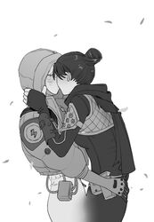  2girls animification apex_legends bodysuit breasts cable greyscale hair_behind_ear hair_bun hand_on_another&#039;s_ass hand_on_another&#039;s_neck highres hood hood_up kissing lightning_bolt_symbol medium_breasts monochrome multiple_girls single_hair_bun tuxiaoning_not wattson_(apex_legends) white_background wraith_(apex_legends) yuri 