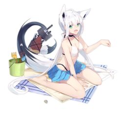  :d ahoge animal_ears azur_lane bare_arms bare_shoulders beach_mat beach_umbrella between_legs bikini bird blue_skirt breasts bucket chick choker cleavage extra_ears female fox_ears fox_girl fox_tail front-tie_bikini_top front-tie_top green_eyes halterneck hololive long_hair looking_at_viewer manjuu_(azur_lane) medium_breasts miniskirt nagishiro_mito official_alternate_costume official_art open_mouth oruyanke_(shirakami_fubuki) sand shirakami_fubuki shirakami_fubuki_(beachside_fox) sidelocks sitting skirt smile solo swimsuit tail transparent_background turret umbrella very_long_hair virtual_youtuber wariza white_bikini white_hair 