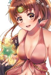  bikini breasts brown_eyes brown_hair cleavage female fire_emblem fire_emblem:_mystery_of_the_emblem fire_emblem_heroes highres linde_(fire_emblem) linde_(summer)_(fire_emblem) long_hair open_mouth ponytail satuki_(jo4pr8) simple_background solo starfish swimsuit upper_body white_background 