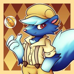  1:1 animal_crossing anthro bells_(animal_crossing) blue_body blue_fur button_(fastener) clothed clothed_anthro clothed_male clothing coin coin_flip coin_toss crazed_doodler digital_media_(artwork) dress_shirt fluffy fluffy_tail fur hand_in_pocket hat headgear headwear hi_res kicks_(animal_crossing) male male_anthro mammal mephitid nintendo pattern_background pockets red_eyes shirt short short_anthro short_male simple_background skunk skunk_tail smile solo suspenders tail topwear white_body white_fur 