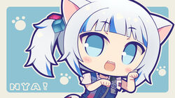  animal_ears blue_eyes blue_hair blush cat_ears chibi female gawr_gura gawr_gura_(casual) grey_hair hololive hololive_english hoshikuzu_no_yoru looking_at_viewer multicolored_hair open_mouth paw_pose sharp_teeth side_ponytail smile solo streaked_hair teeth virtual_youtuber 