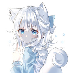  absurdres animal_ear_fluff animal_ears bad_id bad_pixiv_id blue_eyes bow commentary ear_piercing earrings extra_ears fang_out female fox_ears fox_girl fox_tail gauze hairbow highres jewelry light_smile looking_at_viewer oerba_yun_fang original piercing short_hair skin_fang symbol-only_commentary tail v white_hair yagen_(user_mxur3238) 