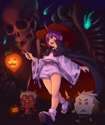  :d ahoge bad_id bad_pixiv_id bakumatsu_rouman bow cape colored_sclera extra_eyes female full_body gashadokuro hairbow halloween hat holding ichijou_akari jack-o&#039;-lantern japanese_clothes kimono long_hair looking_away monster nose_piercing nose_ring oni open_mouth piercing polearm ponytail popped_collar purple_bow purple_eyes purple_hair red_bow red_oni sandals sharp_teeth shorts skeleton smile socks spear stupa13a tabi teeth waist_bow walking weapon white_shorts witch_hat yellow_sclera 