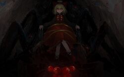  absurdres arthropod_limbs blonde_hair bow brown_bow brown_dress bug butterfly closed_mouth commentary_request dress female glowing glowing_eyes highres horror_(theme) ichinose_(kurui96) kurodani_yamame looking_at_viewer red_eyes short_hair silk smile solo spider spider_web touhou 