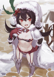  absurdres anouetto bad_id bad_pixiv_id bikini black_bikini black_hair blush bonnet boots breasts cape christmas commentary elbow_gloves fangs female fur-trimmed_cape fur-trimmed_gloves fur-trimmed_headwear fur_trim garter_belt gloves hair_between_eyes hand_on_own_hip hat highres holly illya_(christmas)_(princess_connect!) illya_(princess_connect!) illya_(small)_(princess_connect!) knee_boots long_hair looking_at_viewer navel official_alternate_costume open_mouth princess_connect! red_bikini red_eyes red_garter_belt red_gloves santa_bikini santa_costume santa_hat small_breasts smile solo swimsuit thighs two-tone_bikini white_cape white_footwear white_hat 