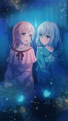  2girls absurdres bang_dream! barefoot blue_eyes blue_pajamas blue_ribbon bug butterfly buttons closed_mouth collarbone commentary curtains dress eye_contact frilled_dress frilled_shirt_collar frills grey_hair hair_between_eyes hair_down hands_on_lap highres hiromachi_nanami indoors knees_up kurata_mashiro leg_up light_blush light_particles long_hair long_sleeves looking_at_another looking_to_the_side medium_hair multiple_girls neck_ribbon night nightgown nobusawa_osamu on_floor own_hands_together pajamas parted_lips pink_dress pink_eyes pink_hair red_ribbon ribbon shadow side-by-side sitting smile striped_clothes striped_pajamas wariza 