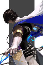  1boy agni_gandiva arjuna_(fate) bow_(weapon) brown_eyes brown_hair cape commentary dark-skinned_male dark_skin fate/grand_order fate_(series) gloves highres holding holding_bow_(weapon) holding_weapon indian_clothes kdm_(ke_dama) long_sleeves male_focus short_hair solo weapon white_cape white_gloves 