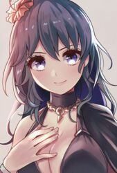  bikini black_bikini blue_eyes blue_hair breasts byleth_(female)_(fire_emblem) byleth_(female)_(summer)_(fire_emblem) byleth_(fire_emblem) cleavage closed_mouth commentary_request female fire_emblem fire_emblem:_three_houses fire_emblem_heroes flower grey_background hair_flower hair_ornament highres official_alternate_costume satuki_(jo4pr8) simple_background smile solo swimsuit upper_body 