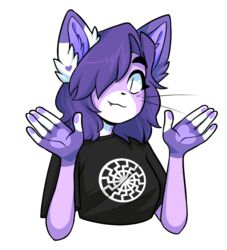  alpha_channel anthro black_clothing black_shirt black_sun black_topwear clothing domestic_cat ear_markings facial_markings fangs felid feline felis female foxsnacks fur head_markings heart_(marking) heart_on_body mammal markings nazi print_clothing print_shirt print_t-shirt print_topwear purple_body purple_fur shirt smile solo t-shirt teeth third-party_edit topwear 