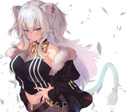  animal_ears belt breasts cleavage closed_mouth commentary earrings female green_eyes grey_hair hair_between_eyes hand_on_own_hip highres hololive jewelry lion_ears lion_girl lion_tail long_hair looking_at_viewer medium_breasts see-through see-through_cleavage sheiou shishiro_botan shishiro_botan_(1st_costume) simple_background smile solo tail two_side_up virtual_youtuber white_background 