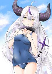  ahoge blue_one-piece_swimsuit braid breasts cloud contrapposto covered_navel demon_girl demon_horns female frown grey_hair highres hololive horns la+_darknesss long_hair mochiki_927 multicolored_hair one-piece_swimsuit purple_hair school_swimsuit small_breasts solo streaked_hair swimsuit tail two-tone_hair upper_body very_long_hair virtual_youtuber yellow_eyes 