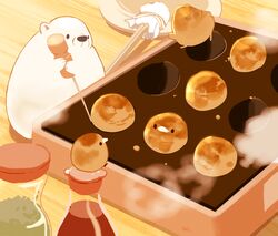  bear bird chai_(drawingchisanne) chopsticks commentary cooking food food_focus highres no_humans original soy_sauce steam sweets_bird table takoyaki takoyaki_pan undersized_animal 