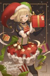  ;d animal_ears annelie_(dragalia_lost) asymmetrical_legwear black_gloves black_legwear blonde_hair blue_eyes box breasts christmas commentary commission crop_top dragalia_lost elbow_gloves english_commentary facial_mark female fur-trimmed_headwear fur-trimmed_legwear fur_trim gift gift_box gloves hat hentaki highres holding holding_gift jester_cap merry_christmas midriff mismatched_legwear navel one_eye_closed pleated_skirt puffy_short_sleeves puffy_sleeves red_skirt short_sleeves single_elbow_glove skirt small_breasts smile solo star_(symbol) striped_clothes striped_thighhighs teeth thighhighs upper_teeth_only vertical-striped_clothes vertical-striped_thighhighs white_gloves 