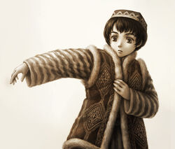  1boy brown_theme coat commentary_request dressing embroidery fur_trim hat karluk lolicon long_sleeves looking_away looking_down male_focus monochrome otoyomegatari outstretched_arm parted_lips satou_toshio_(suisuisuisui) simple_background solo striped upper_body uygur uygur_clothes 