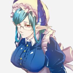  blue_dress blue_hair blue_horns bow breasts collared_dress dragon_girl dragon_horns dress female frills glasses hat horns large_breasts long_sleeves looking_at_viewer maid melusine_(housamo) mob_cap pointy_ears puffy_long_sleeves puffy_sleeves red_eyes short_hair simple_background solo tokyo_afterschool_summoners zaoanjisi 