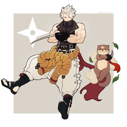  1boy animal bare_shoulders belt belt_buckle black_eyes blade buckle chipp_zanuff closed_mouth crossed_arms guilty_gear guilty_gear_strive highres leaf male_focus muscular muscular_male nakamura_hiro_(nobody10ch) otter pectorals red_hair red_scarf scarf shirt smoke solo tight_clothes tight_shirt twitter_username two-tone_background weapon white_background white_hair 