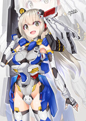  arm_behind_head breasts commentary commission female fingerless_gloves full_armor_7th_gundam gloves gundam gundam_battlefield_record_uc_0081 gundam_msv highres humanization i.takashi long_hair looking_down mecha_musume medium_breasts open_mouth skeb_commission solo white_hair yellow_eyes 