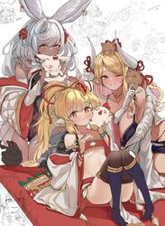  3girls :3 :o all_fours animal animal_ears animal_on_head animal_on_shoulder backpack bag bird blonde_hair blush boar breasts buchibussei chicken closed_mouth dark-skinned_female dark_skin draph erune flat_chest gloves granblue_fantasy grin groin harvin hat hat_feather height_difference highleg highleg_leotard highleg_panties highres holding holding_animal horns jewelry kneeling knees_up kumbhira_(granblue_fantasy) kumbhira_(summer)_(granblue_fantasy) large_breasts leaning_back leotard long_hair looking_at_viewer lowleg lowleg_shorts mahira_(granblue_fantasy) makura_(granblue_fantasy) multiple_girls multiple_views navel necklace on_head one_eye_closed panties panty_straps parted_bangs rabbit rabbit_ears red_eyes shorts sitting smile stomach strapless thighhighs tube_top underwear white_hair yellow_eyes 