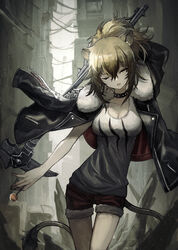  absurdres animal_ears arknights black_jacket blonde_hair breasts brown_eyes brown_hair candy choker cleavage collarbone commentary_request female food fur_trim hair_between_eyes highres holding jacket large_breasts leather leather_jacket lion_ears lion_girl lion_tail lollipop long_hair looking_at_viewer red_shorts sanshouuo short_shorts shorts siege_(arknights) solo studded_choker tail tank_top white_tank_top 