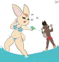  2021 4_fingers 5_fingers aggretsuko anthro ass bikini black_ears black_eyes black_markings blue_bikini blue_clothing blue_swimwear bodily_fluids breasts brown_body brown_countershading brown_fur canid canine cellphone claws clothed clothing countershading digital_media_(artwork) duo ear_tuft electronics english_text eyebrows eyelashes fantharubi female fennec_fox fenneko fingers fox front_view fur fur_markings haida_(aggretsuko) head_turned hi_res holding_object holding_phone holding_water_gun hyena laugh looking_back low-angle_view male male/female mammal markings midriff multicolored_body multicolored_clothing multicolored_fur navel open_mouth open_smile outside partially_submerged pattern_bikini pattern_clothing pattern_swimwear phone raised_arms rear_view red_clothing red_speedo red_swimwear sanrio sea sharp_teeth shocked side-tie_bikini side-tie_clothing signature simple_background smartphone smile speedo spotted_hyena standing string_bikini striped_bikini striped_clothing striped_swimwear stripes surprise surprised_expression sweat swimwear tan_body tan_fur teeth text tied_bikini tied_clothing tongue topless topless_male toy toy_gun true_fox tuft two_tone_body two_tone_clothing two_tone_fur water water_gun white_background 