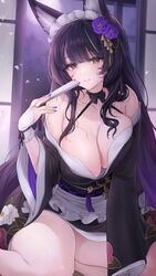  animal_ears apron azur_lane bare_shoulders black_kimono breasts cleavage facial_mark female fingerless_gloves flower folding_fan fox_ears fox_girl frilled_apron frilled_hairband frills gloves hair_ornament hairband hand_fan highres holding holding_fan japanese_clothes kimono kitsune large_breasts long_hair long_sleeves looking_at_viewer low_neckline maid maid_headdress musashi_(azur_lane) musashi_(violet_moonglow)_(azur_lane) official_alternate_costume purple_flower purple_hair purple_nails single_fingerless_glove solo very_long_hair wa_maid whisker_markings white_gloves wide_sleeves ygcn 